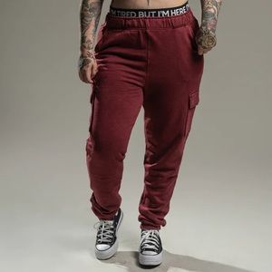 Girrlscout size LARGE I’m Tired But I’m Here - Cargo Sweatpants Maroon color way